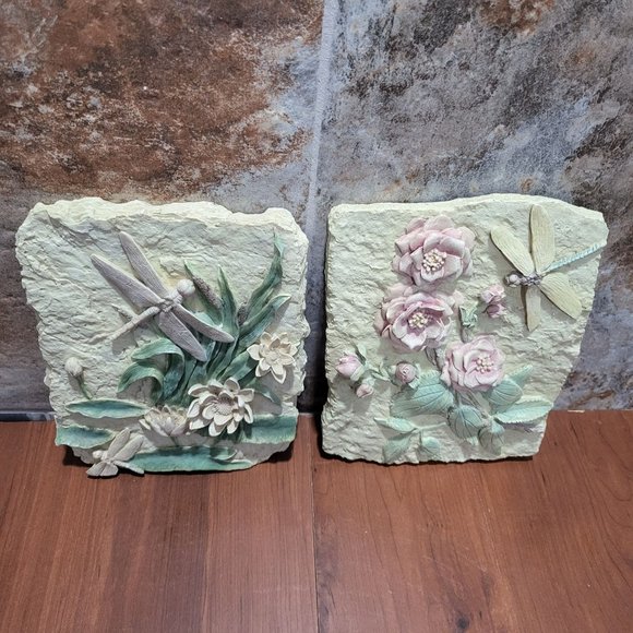 Botanical Clay Flower Dragonfly Art Wall Sculpture Plaster Cream Tile - Picture 8 of 14